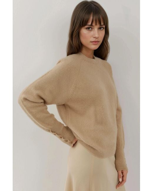 Hiccup Brown Soft Textured Button Detailed Long Sleeve Sweater