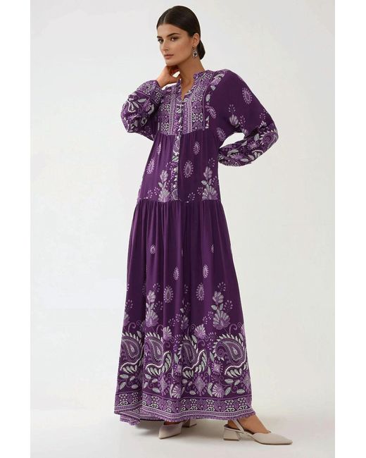 Hiccup Purple Printed Long Sleeve Viscose Maxi Dress