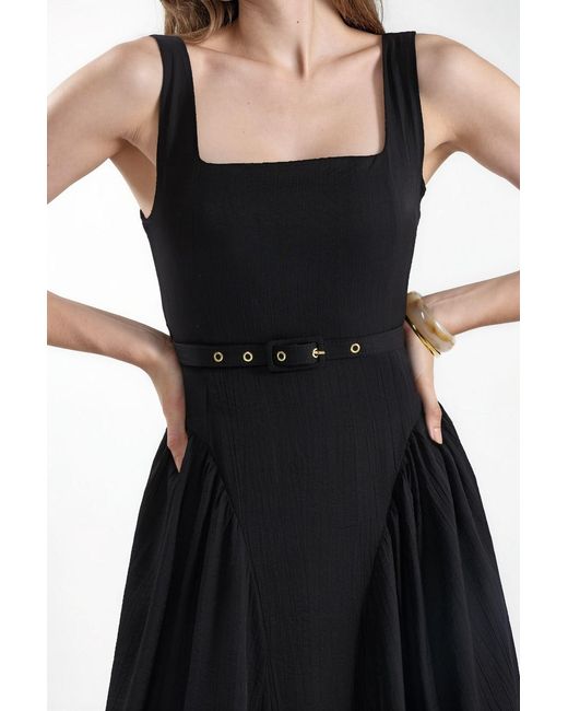 Busem Black Square Collar Belted Midi Dress