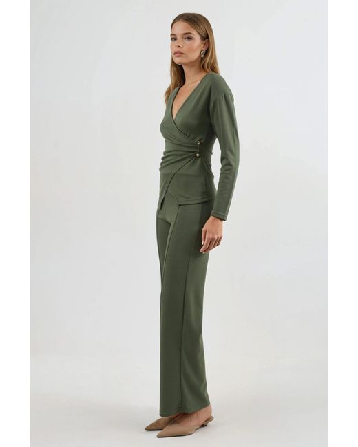 Hiccup Green Accessory Detail Blouse & Pants Two-Piece Set