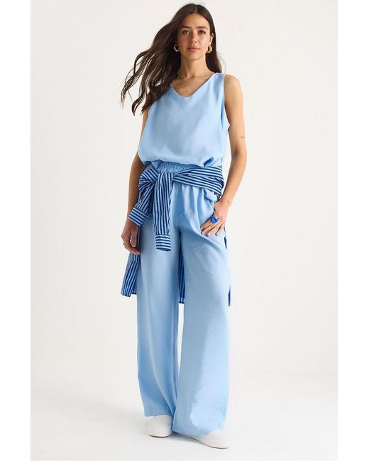 Bianco Lucci Blue V-Neck Cotton Blouse-Pants Two-Piece Set