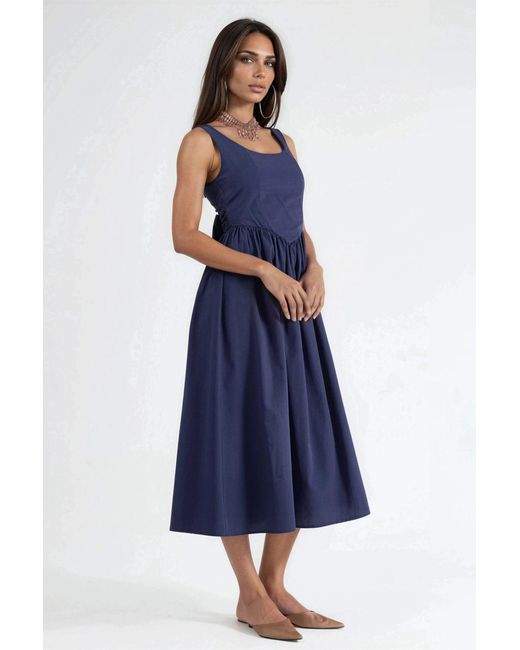 Busem Blue Square Collar Midi Dress With Bow Detail