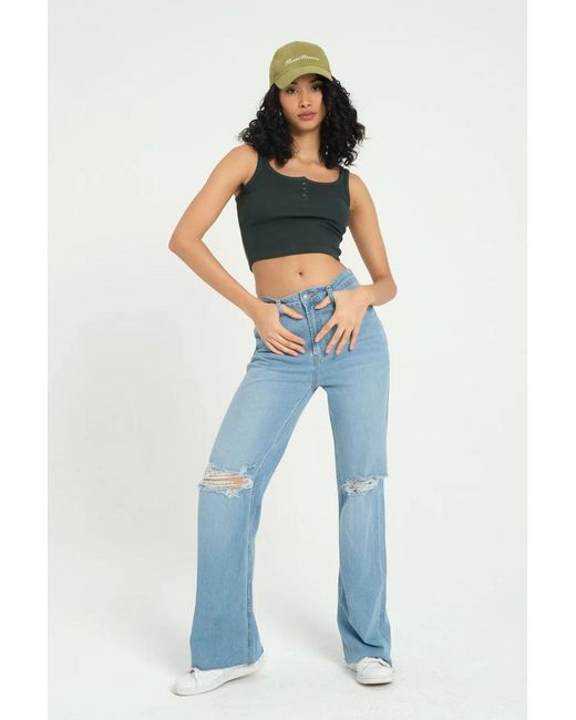Hiccup Blue Square Neck Ribbed Buttoned Tank Top