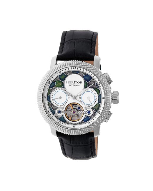 Heritor Black Aura Semi-Skeleton Leather-Band Watch for men