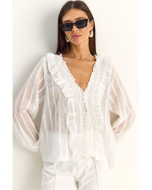 Bianco Lucci Natural Frilly V-Neck Striped Blouse