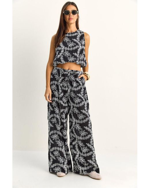 Bianco Lucci White Paisley Cotton Blouse And Wide-Leg Trousers Set