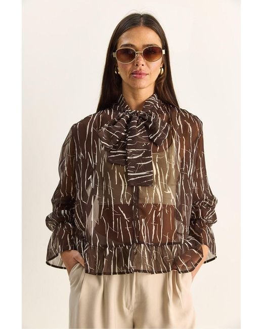 Bianco Lucci Brown Abstract Print Choker Collar Chiffon Blouse With Tie Detail