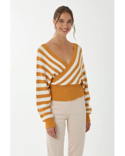 Hiccup Yellow Striped Cross Neck Sweater