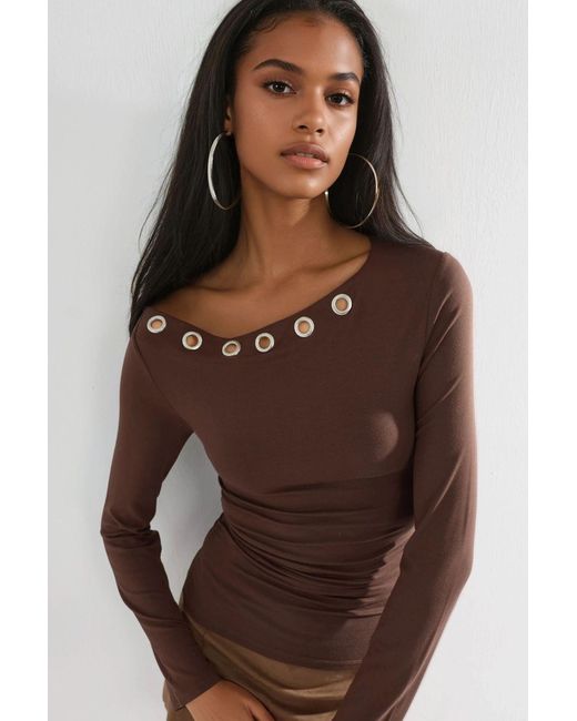 Busem Brown Accessory Detailed Boat Neck Long Sleeve Blouse