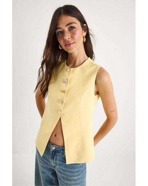Bianco Lucci Yellow Fitted Sleeveless Button-Front Waistcoat With Crew Neck