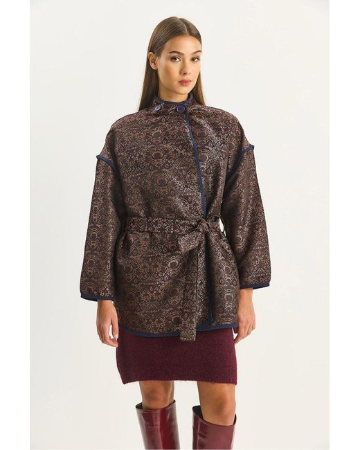 Bianco Lucci Brown Oversized Jacquard Pattern Buckle Closure Jacket