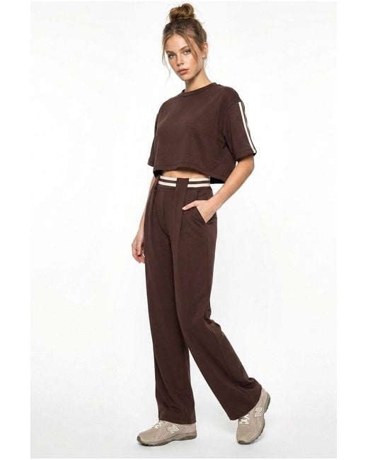 Bianco Lucci Brown 2-Piece Crew Neck T-Shirt And Wide Leg Trousers Set