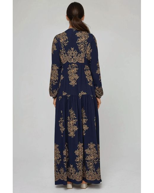Hiccup Blue Printed Long Sleeve Viscose Maxi Dress