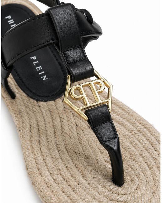 Philipp Plein Schoenen ,Zwart ,Leer Hexagon Platte Sandalen in het Black
