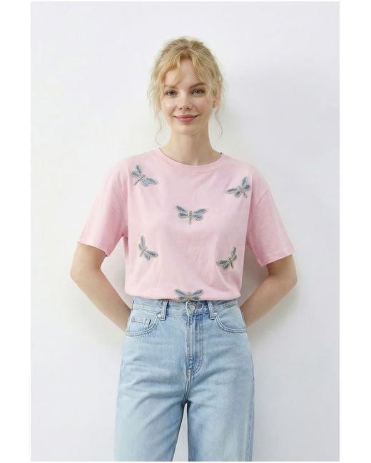 Bianco Lucci Pink Embroidered Crew Neck Relaxed Fit T-Shirt