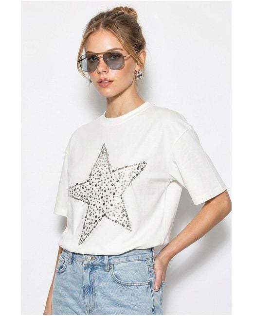 Bianco Lucci White Oversized Cotton Star Sequin T-Shirt