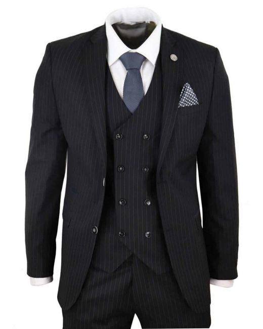 TruClothing Black 3 Piece Pinstripe Retro Suit for men