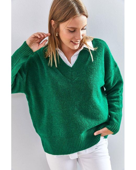 Bianco Lucci Green V-Neck Long Sleeve Sweater