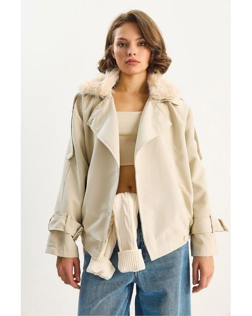 Bianco Lucci Blue Trench Coat With Faux Fur Collar