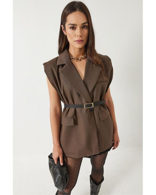 Bianco Lucci Brown Belted Long Shawl-Collar Vest