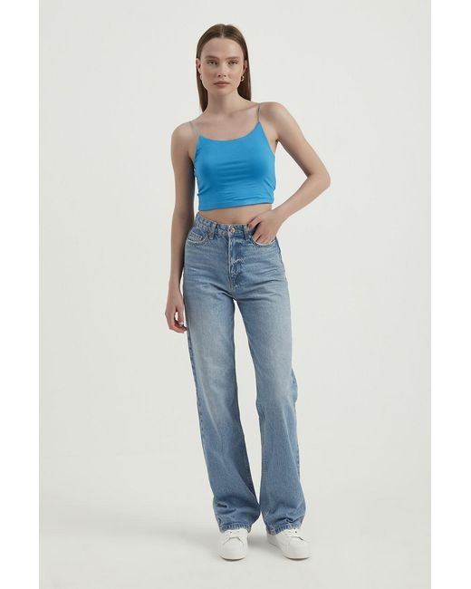 Hiccup Blue Spaghetti Strap Basic Cropped Cami Top