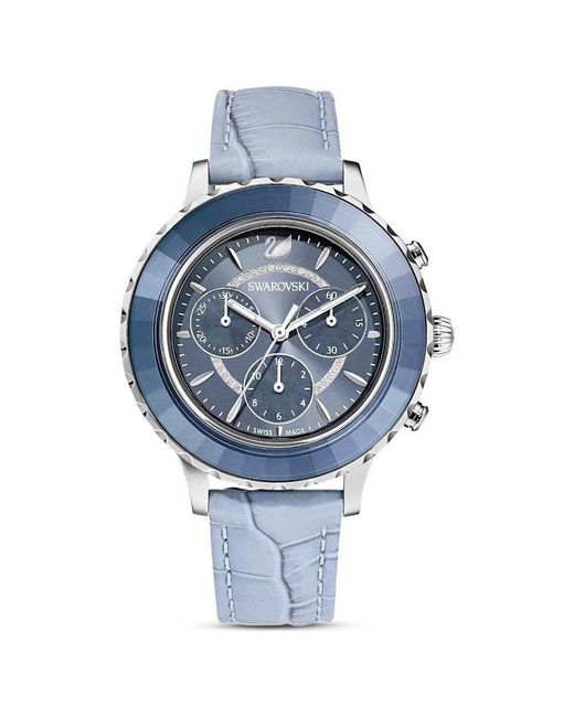 Swarovski Blue Octea Lux Chrono Watch, Swiss Made, Leather Strap, Stainless Steel