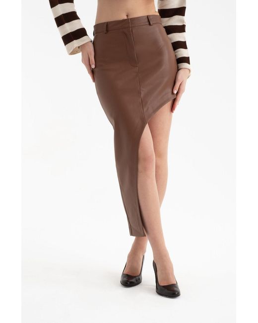 Hiccup Brown Faux Leather High Waist Slit Maxi Skirt