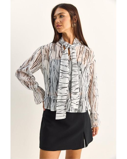 Bianco Lucci Gray Abstract Print Choker Collar Chiffon Blouse With Tie Detail