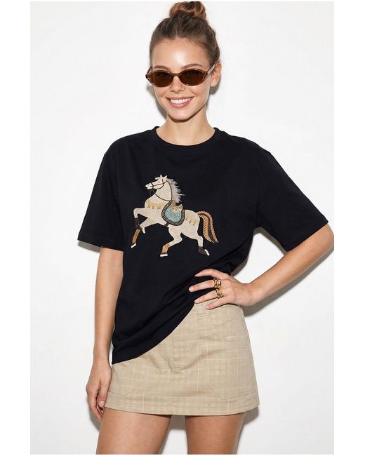 Bianco Lucci Blue Oversized Embroidered Sequin Crew Neck T-Shirt