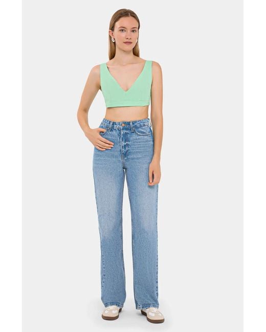 Hiccup Green V-Neck Sleeveless Woven Crop Top