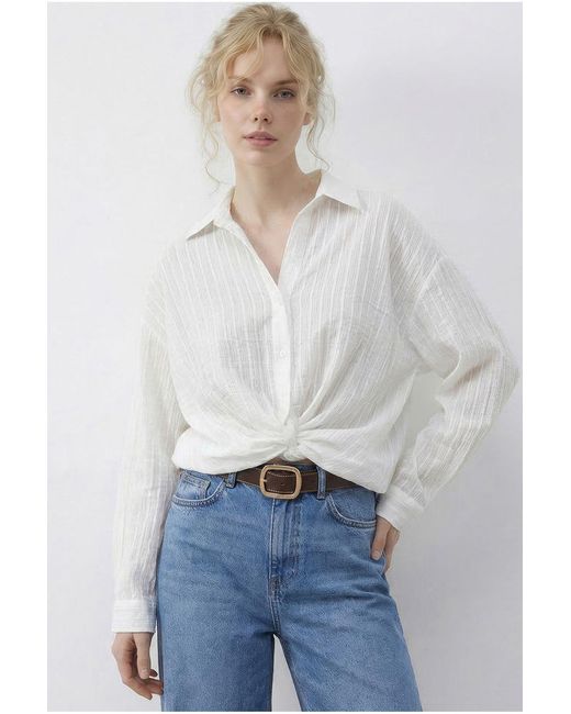 Bianco Lucci White Loose Fit Striped Shirt With Tie Detail