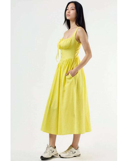 Busem Yellow Midi Dress With Square Collar And Button Detail