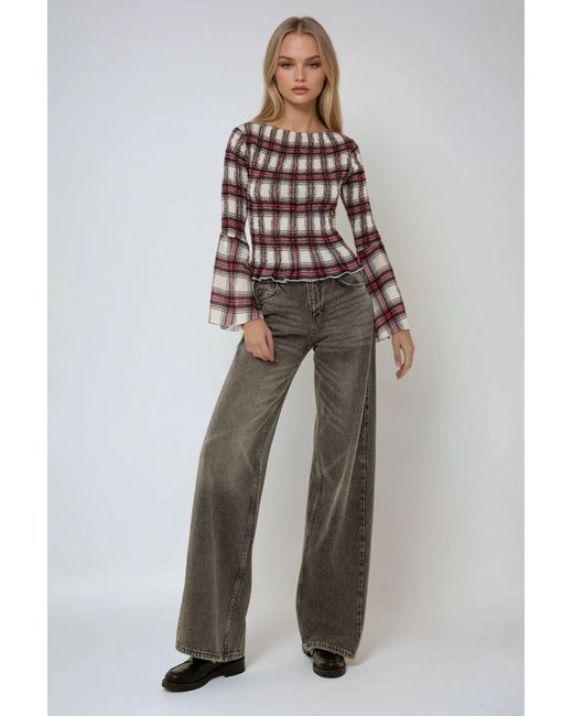 Hiccup Brown Shirred Boat Neck Plaid Top