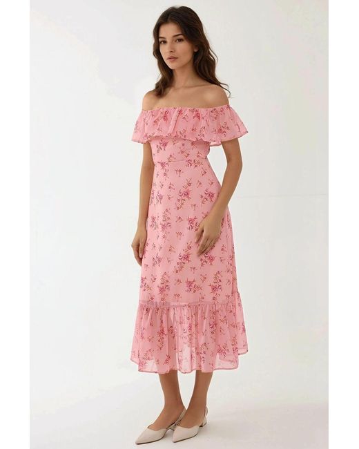 Hiccup Pink Off Shoulder Flower Pattern Bodycon Midi Dress