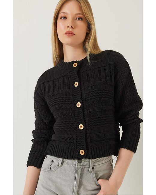 Bianco Lucci Black Buttoned Cardigan With Crew Neck