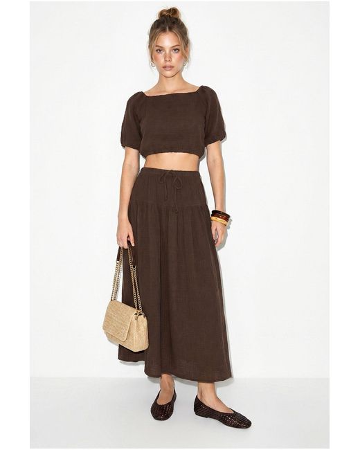 Bianco Lucci Brown Cotton Seersucker Blouse And Midi Skirt Set