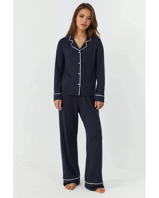 Hiccup Blue Relaxed Fit Long Sleeve Extra Soft Touch Pajama Set With Shirt Collar