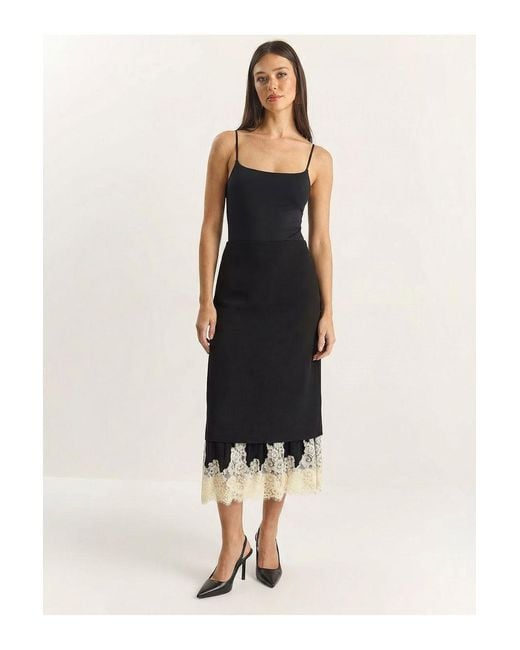 Bianco Lucci Black High Waist Midi Skirt With Lace Bottom