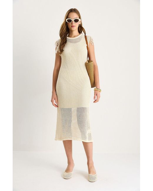 Bianco Lucci Natural Textured Midi Dress With Ruffle Detail