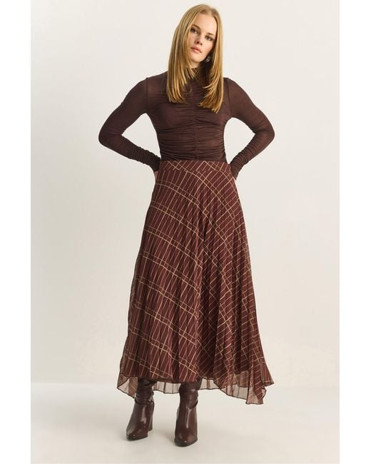 Bianco Lucci Brown High Waist Maxi Chiffon Plaid Skirt
