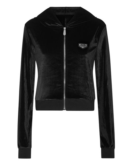 Philipp Plein Hoodies & Sweatvesten ,Zwart ,Polyester Chenille Hoodie Sweatjacket Strass Skull in het Black