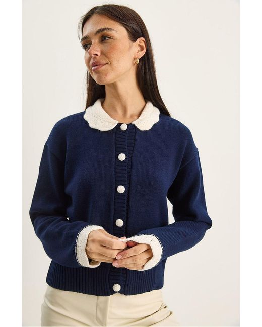 Bianco Lucci Blue Thick Ribbed Knit Cardigan With Button Closure