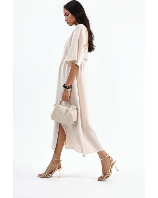 Busem Natural V-Neck Midi Wrap Dress With Three Quarter Sleeves