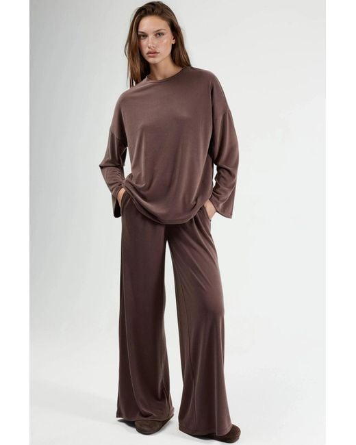 Busem Brown Relaxed Fit Crew Neck Long Sleeve Blouse