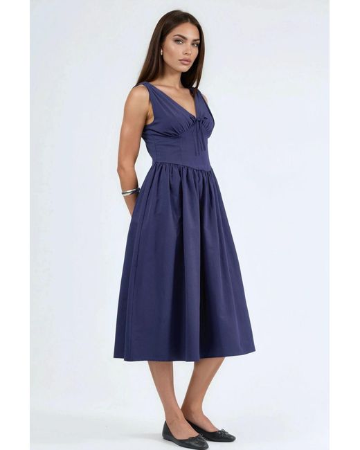 Busem Blue V-Neck Midi Dress With Bow Detail