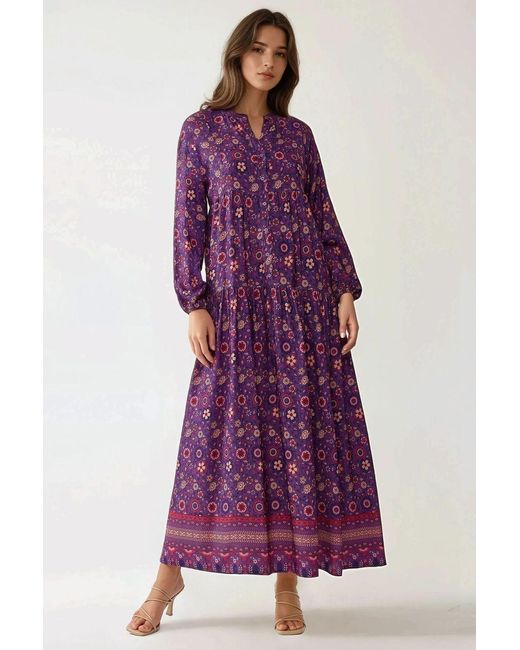 Hiccup Purple Printed V-Neck Maxi Dress With Buttons
