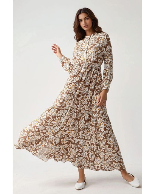 Hiccup Natural Printed Maxi Dress With Shirt Collar
