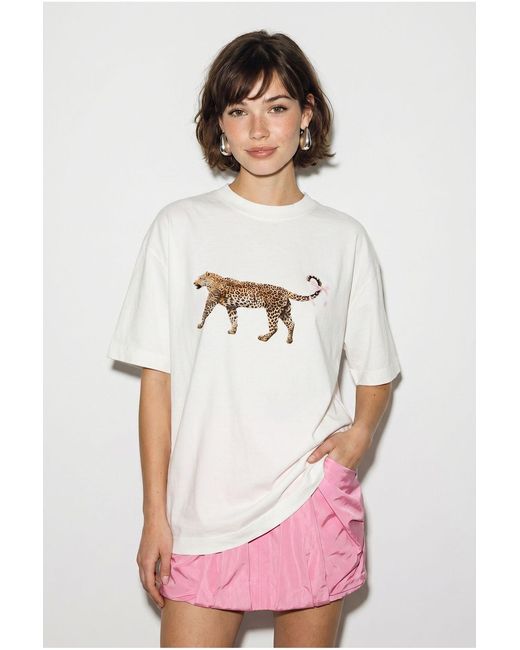 Bianco Lucci White Oversized Leopard Print Cotton T-Shirt