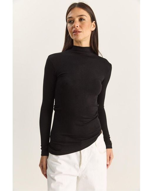 Bianco Lucci Black Fitted Turtleneck Long Sleeve Blouse With Ruffle Detail