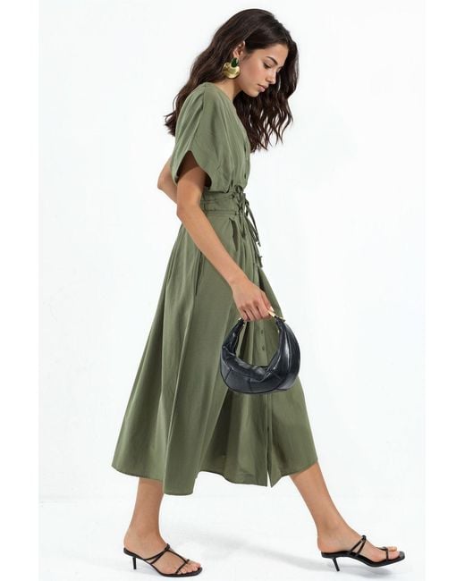 Busem Green Casual V-Neck Midi Shirt Dress